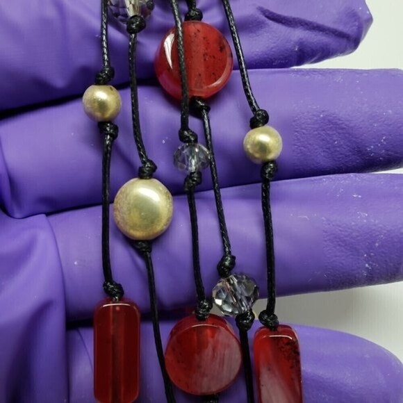 Women's Layered Black cord, Gold tone, Red & Clear Beads Bracelet, magnetic lock - Picture 4 of 10